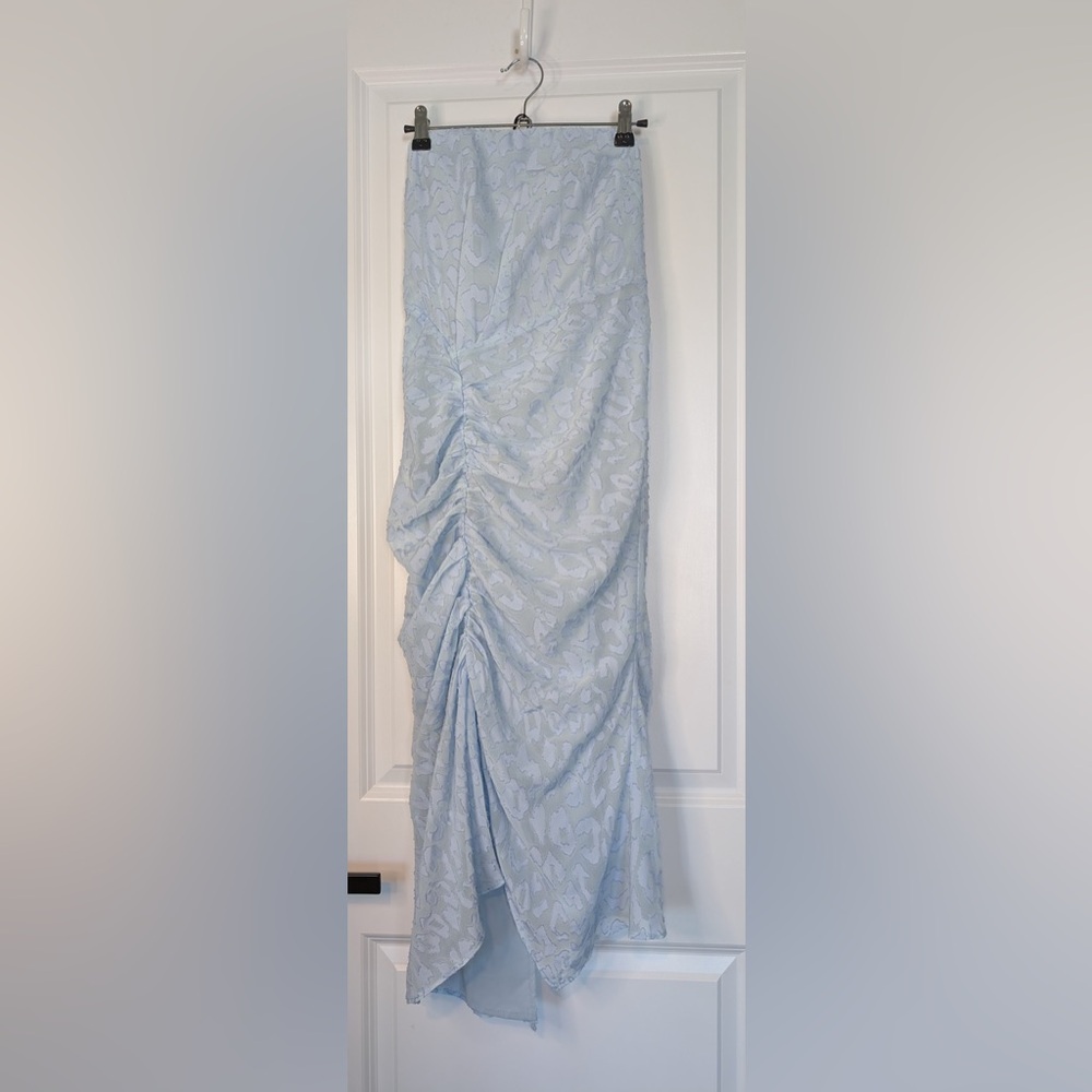 NBD Revolve Bex Midi Dress Strapless Ruched Asymmetrical Baby Blue Size XS
